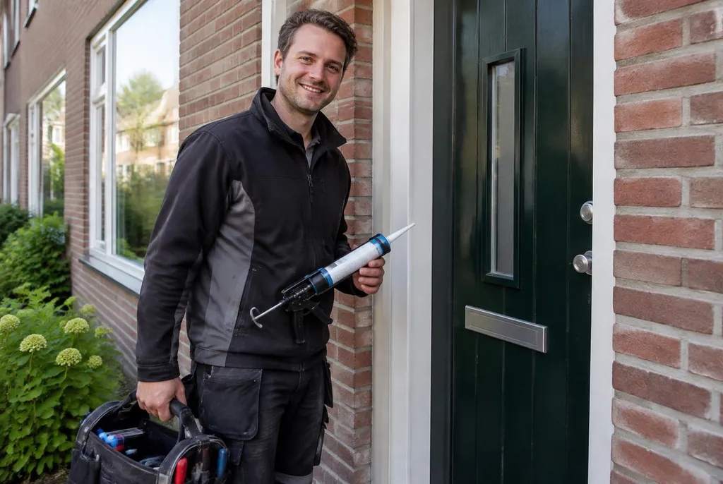 Vakman van Kitbedrijf Hoogland bij de voordeur van een woning